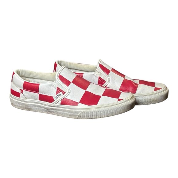 Vans Classic Slip-On Leather Large Checkered Shoes Red White Women’s 9.5 Men's 8